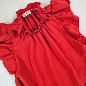 Entro Red Ruffle Neck Flutter Sleeve Tiered Babydoll Mini Dress Womens Small